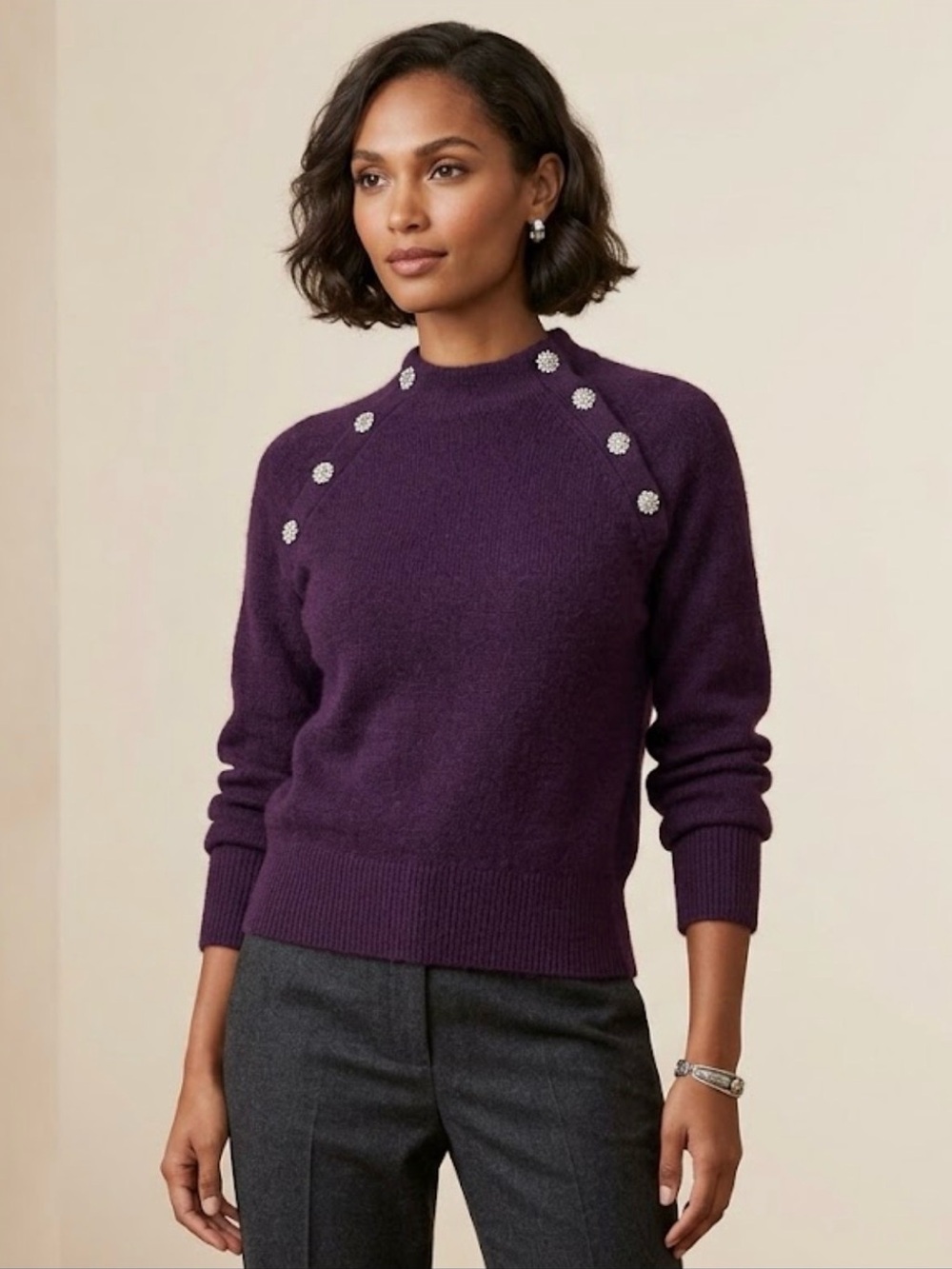 NWT $109 Ann Taylor Women’s purple Embellished Mock Neck Sweater Knit Size M